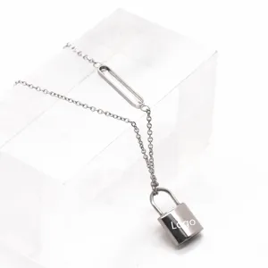 Detailed view of the trendy ins-style lock pendant clavicle chain with side inlay.