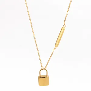 Trendy gold color clavicle chain necklace with padlock pendant and side bar design for women.