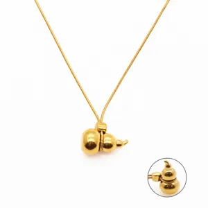 Elegant gold stainless steel gourd pendant necklace featuring a delicate chain and dimensions.