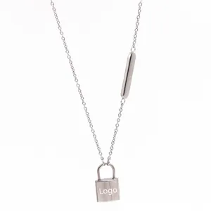 Minimalist silver lock pendant clavicle chain with a side bar chic everyday jewelry accessory