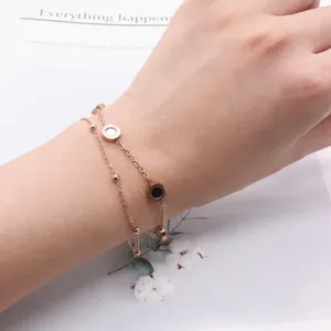 Korean style titanium steel double layer bracelet with black white shell round charms rose gold