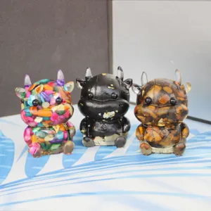 Crystal Gravel Epoxy Resin Cartoon Bull Ornament Cute Animal Statue Desktop Decoration For Car Office Living Room