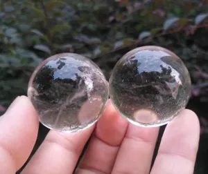 Clear crystal ball detail view, natural quartz sphere gemstone craft for home decor.
