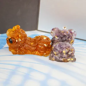 Figurine de lion de réveil en résine de cristal naturelle chanceux décor de bureau