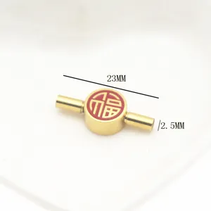 Gold stainless steel Fu character DIY bracelet connector bead with red enamel detail.