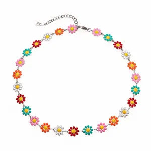 Colorful enamel daisy titanium steel necklace with adjustable chain length for women.