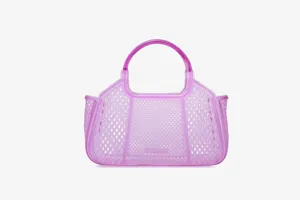 Transparent purple PVC mesh jelly handbag detail, lightweight beach tote bag for summer style.