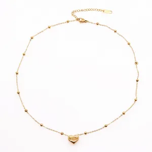 Stainless steel gold plated heart pendant necklace with delicate beaded chain for women jewelry