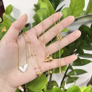 Detailed view of multi-style stainless steel necklaces featuring chic gourd and heart pendants.