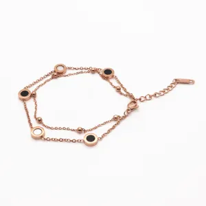 Rose gold double layer titanium steel bracelet with chic round beads and black white inlay.