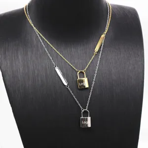 Double layer lock pendant necklace, gold and silver color fashion clavicle chain jewelry.