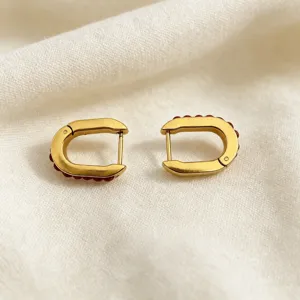 Stainless steel U-shaped earrings with red bead accents, minimalist daily chic style.