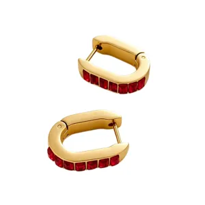 Minimalist gold U-shaped stainless steel earrings featuring square red crystal gems for daily chic.