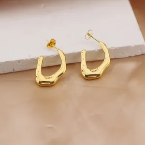 Gold-plated stainless steel irregular geometric stud earrings detail view, chic fashion jewelry