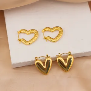Stainless Steel Geometric Heart Open Earrings Gold Plated Irregular Texture Fashion Jewelry For Women Daily Party