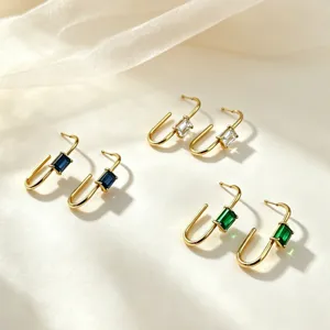 Minimalist Stainless Steel U Shaped Stud Earrings For Women Men Gold Plated Geometric Rectangle Rhinestone Earrings Fashion Jewelry