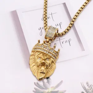 Hip hop gold lion head pendant necklace with crystal crown and rhinestones for men style.
