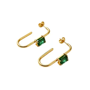 Gold plated stainless steel U shaped stud earrings with emerald green rectangular stone main view