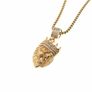 Gold Lion Head Crown Pendant Necklace Men Hip Hop Titanium Steel Jewelry Detail Shot