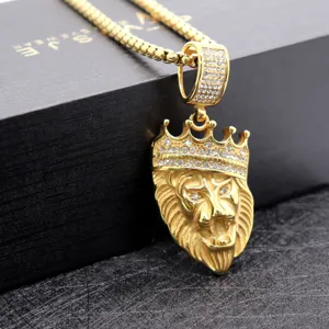 Men Hip Hop Lion Head Pendant Necklace Stainless Steel Gold Plated Crown Rhinestone Chain Fashion Jewelry Gift