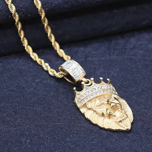 Men hip-hop gold lion head pendant necklace with shiny crystal details and rope chain style.