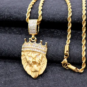 Mens hip hop gold lion head pendant necklace with rope chain and sparkling rhinestones.