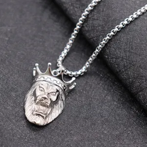 Men titanium steel crown lion head necklace hip hop pendant silver jewelry detail view