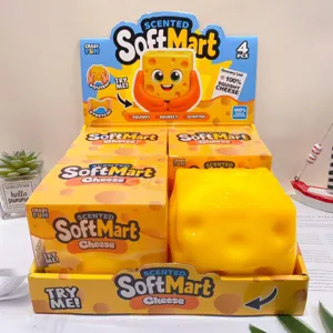 Detailed view of cute cheese block squishy toy with fun expression and scented slow rising design.