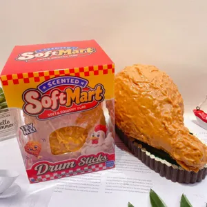 Detailed view of creative chicken leg squishy toy in box, cute decompression sensory toy.