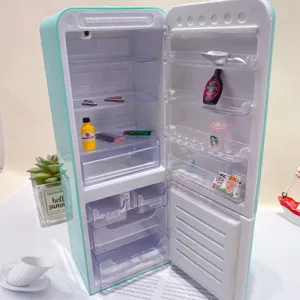 Miniature toy refrigerator playset with cute mini food accessories, perfect for kids pretend play.