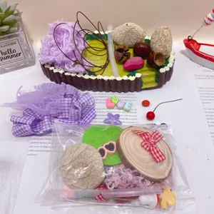 DIY pod doll handmade material kit with wood slices, ribbons, and cute miniature craft accessories.