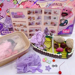 DIY fruit shell doll craft kit with yarn, shells, and instruction manual for creative handmade.
