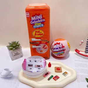 Miniature fridge blind box toy set with cute mini food accessories and surprise ball for kids.