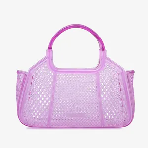 Transparent PVC jelly tote bag for women, stylish purple mesh design beach handbag.