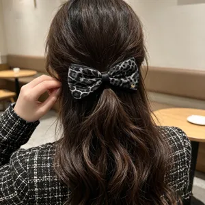 Vintage leopard print bow ponytail hair clip with cute metal puppy accent for women daily chic