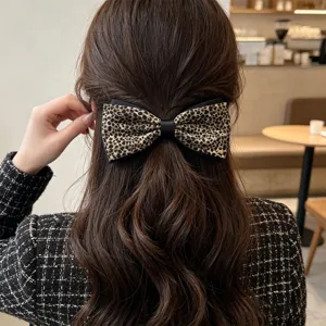 Retro leopard print bow hair clip with cute metal dog charm for women and girls daily wear