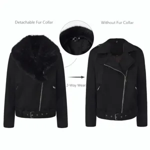 Detalles de la chaqueta de invierno negra para mujer con cuello de pelo desmontable y diseño 2 en 1.