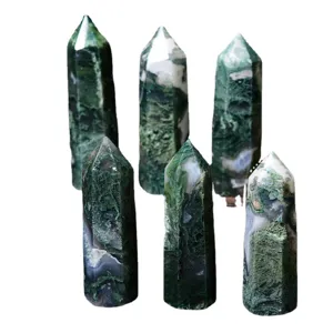 Natural moss agate crystal tower hexagonal pillar raw stone polished home decor ornament