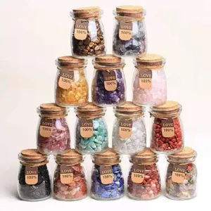 Natural crystal chip wish bottles set, assorted colorful gemstone chips in glass jars.