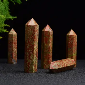 Pilier hexagonal en cristal d'unakite tour de pierre précieuse polie pour décoration bureau.