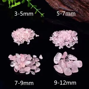 Natural rose quartz crystal chips bulk, assorted sizes 3-12mm for crystal healing and crafts.