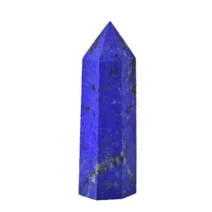Natural blue lapis lazuli crystal tower point, perfect for reiki healing and home decor display.