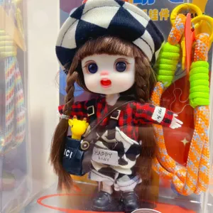 Cute loli vinyl doll keychain with movable joints, fashionable outfit and trendy backpack design.