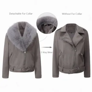 Vista detallada con cuello de pelo desmontable y diseño de uso 2 en 1 de la chaqueta de ante casual.