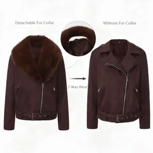 Detalle de la chaqueta de invierno para mujer con cuello de pelo desmontable y diseño versátil.
