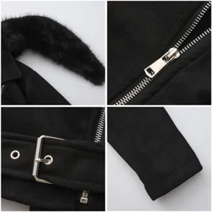 Detalle de primer plano de chaqueta negra con cuello de pelo desmontable y cremallera.