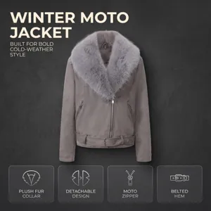 Chaqueta de moto de invierno para mujer con cuello de piel de peluche y diseño extraíble.