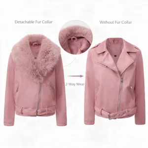 Chaqueta biker de ante sintético rosa con cuello de pelo desmontable para mujer.