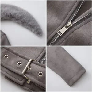 Detalle de chaqueta de invierno casual para mujer con cuello de piel sintética y herrajes.