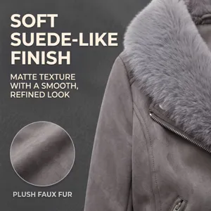 Chaqueta informal de ante sintético para mujer con cuello de piel sintética y acabado mate.